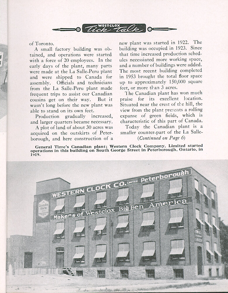 Westclox Tick Talk, August 1956, Vol. 41 No. 6 > 3. Factory: Corporate: "Western Clock Company, Limited Produces Clocks For The Canadian Market" HISTORICAL PICTURE: The 1919 Canadian Factory.