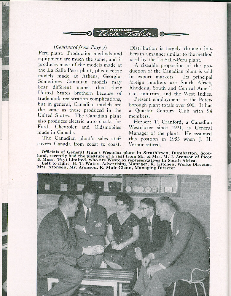 Westclox Tick Talk, August 1956, Vol. 41 No. 6 > 6. Factory: Corporate: "Western Clock Company, Limited Produces Clocks For The Canadian Market"