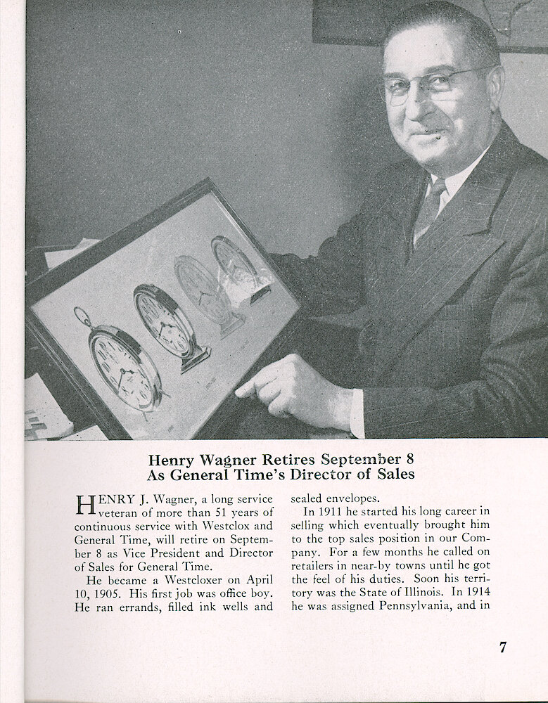 Westclox Tick Talk, August 1956, Vol. 41 No. 6 > 7. Personnel: "Henry Wagner Retires September 8 As General Time&039;s Director Of Sales"