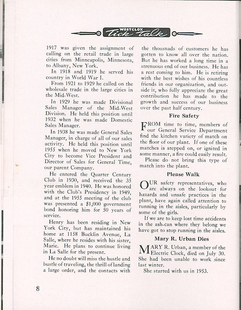 Westclox Tick Talk, August 1956, Vol. 41 No. 6 > 8. Personnel: "Henry Wagner Retires September 8 As General Time&039;s Director Of Sales"