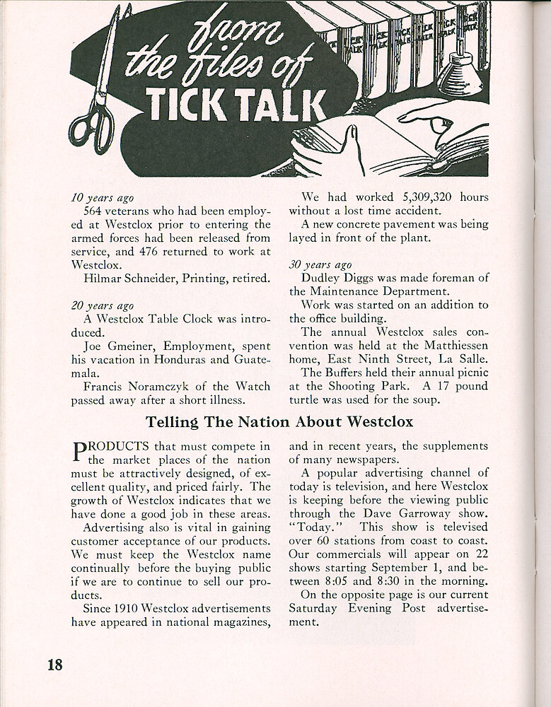 Westclox Tick Talk, August 1956, Vol. 41 No. 6 > 18. Marketing: Advertisement Caption: "Telling The Nation About Westclox" Our Current Saturday Evening Post Ad Is On The Next Page.