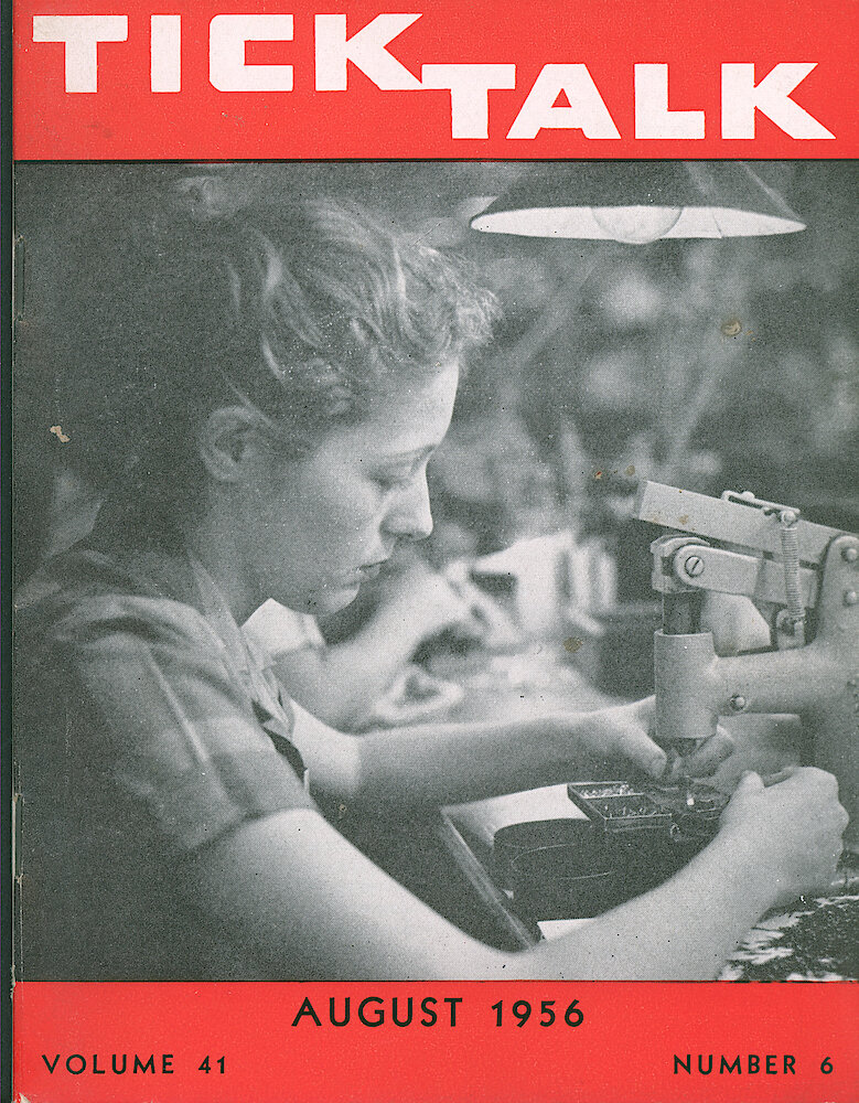 Westclox Tick Talk, August 1956, Vol. 41 No. 6 > F. Manufacturing: Barbara Gould, A Member Of The Foot Press Department (caption Inside Front Cover).