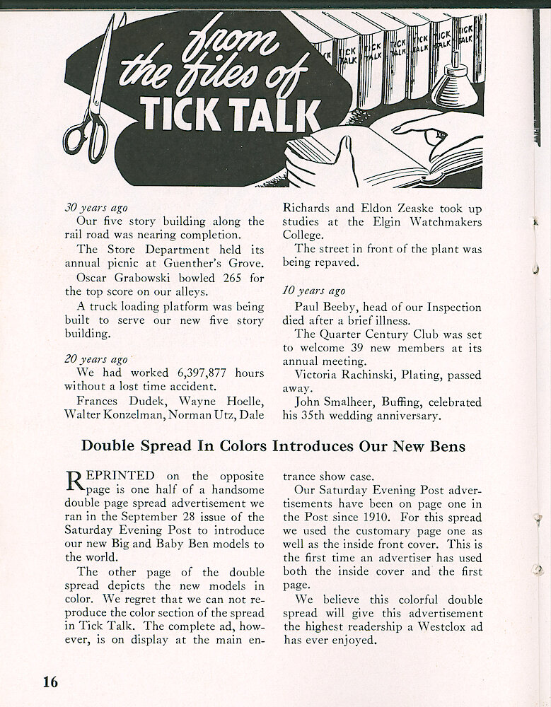 Westclox Tick Talk, September 1956, Vol. 41 No. 7 > 16. Marketing: Advertisement Caption: New Models: "Double Spread In Colors Introduces Our New Bens" Two Page Color Ad In The Saturday Evening Post On Page 1 And Inside Front Cover. On The Next Page Is A Black And White View Of One Of The Ad Pages. Saturday Evening Post September 22, 1956. (The Tick ... 