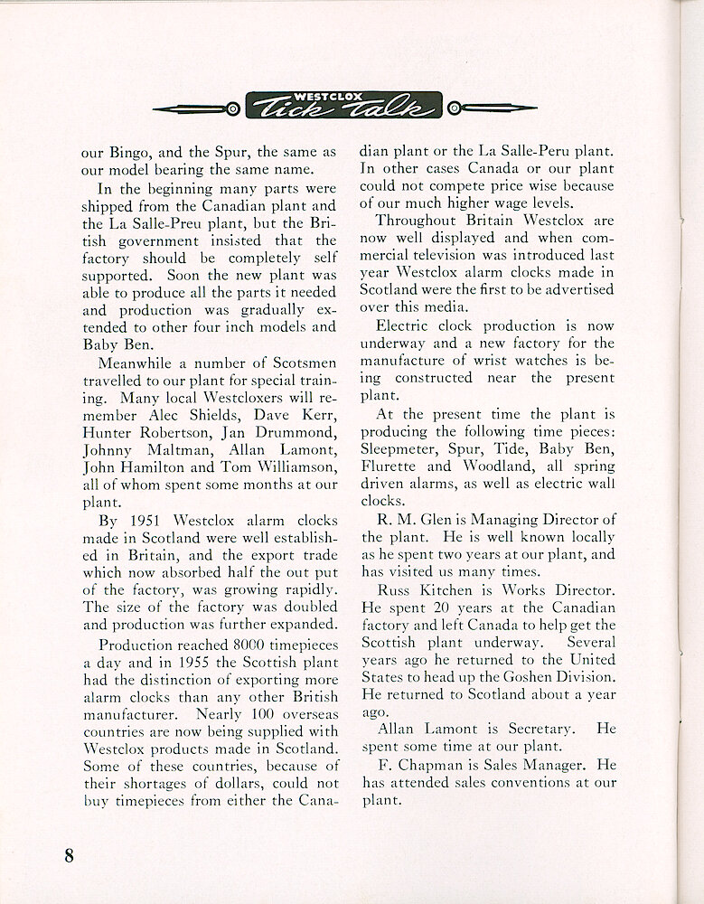 Westclox Tick Talk, October 1956, Vol. 41 No. 8 > 8. Factory: Corporate: "General Time&039;s Scottish Plant Now Producing 8000 Timepieces A Day"