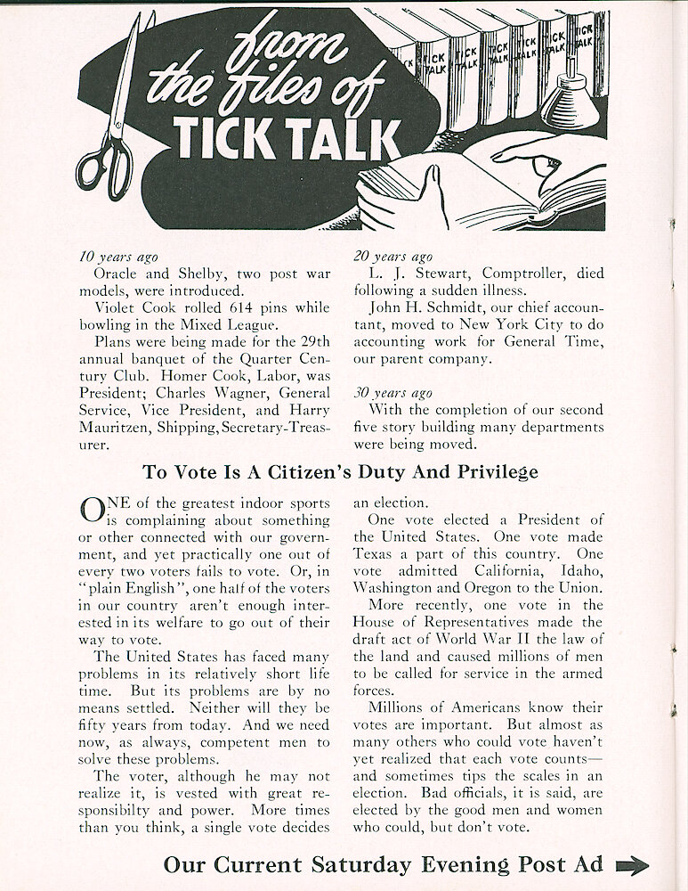 Westclox Tick Talk, October 1956, Vol. 41 No. 8 > 16. Advertisement Caption: "Our Current Saturday Evening Post Ad" Is On The Next Page.