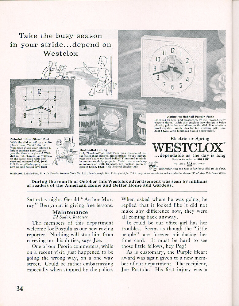 Westclox Tick Talk, October 1956, Vol. 41 No. 8 > 34. Advertisement: "Take The Busy Season In Your Stride . . . Depend On Westclox" "During The Month Of October This Westclox Advertisement Was Seen By Millions Of Readers Of The American Home And Better Homes And Gardens"