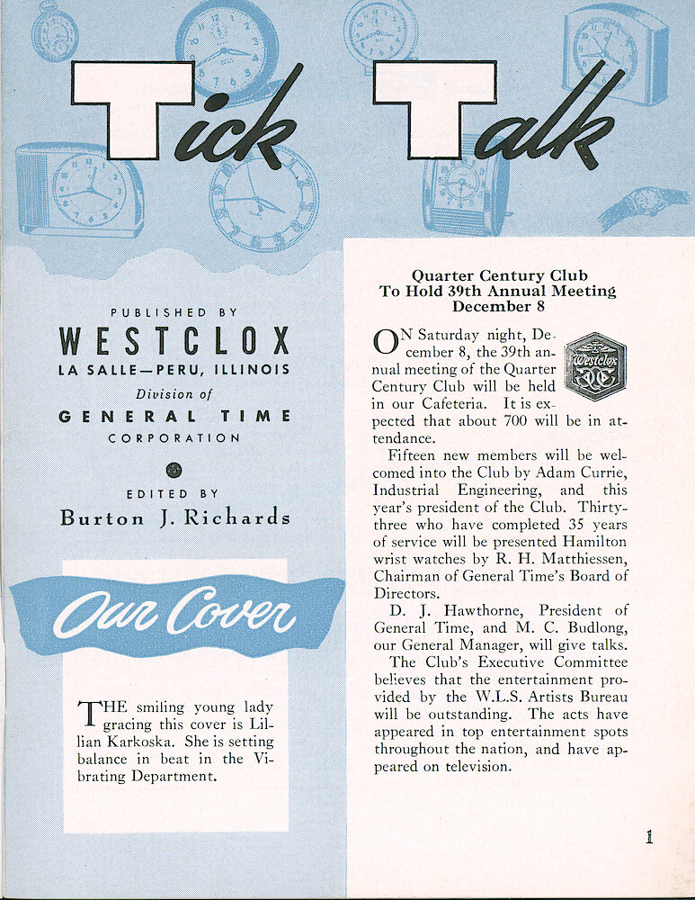 Westclox Tick Talk, November 1956, Vol. 41 No. 9 > 1. Cover Caption: Lilian Karkoska Is Putting A Balance In Beat In The Vibrating Department.