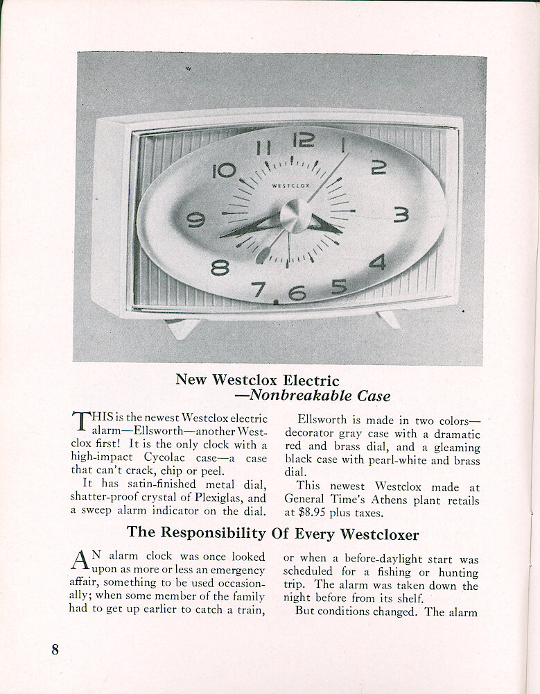 Westclox Tick Talk, November 1956, Vol. 41 No. 9 > 8. New Model: Ellsworth Electric Alarm In Gray With Red And Brass Dial Or Black With White And Brass Dial. $8.95. Made At The Athens, Georgia Plant. High-impace Cyoclac Case Shatter-proof Plexiglas Crystal.