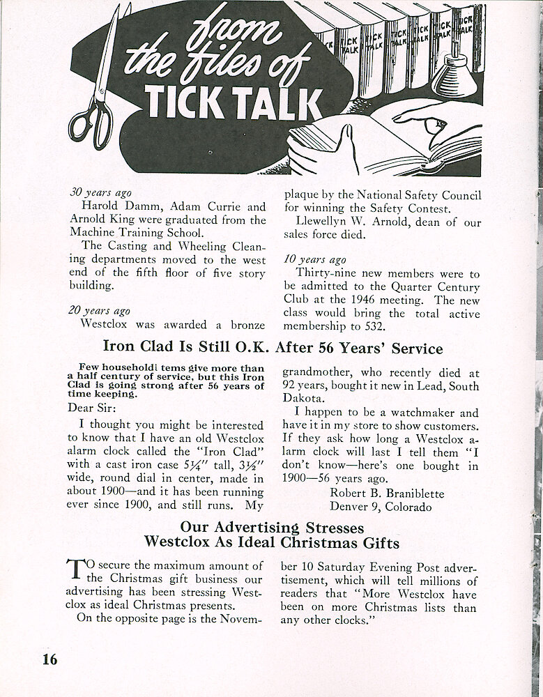 Westclox Tick Talk, November 1956, Vol. 41 No. 9 > 16. Marketing: Advertisement Caption: "Our Advertising Stresses Westclox As Christmas Gifts" Our November 10, 1956 Saturday Evening Post Ad Is On The Next Page.