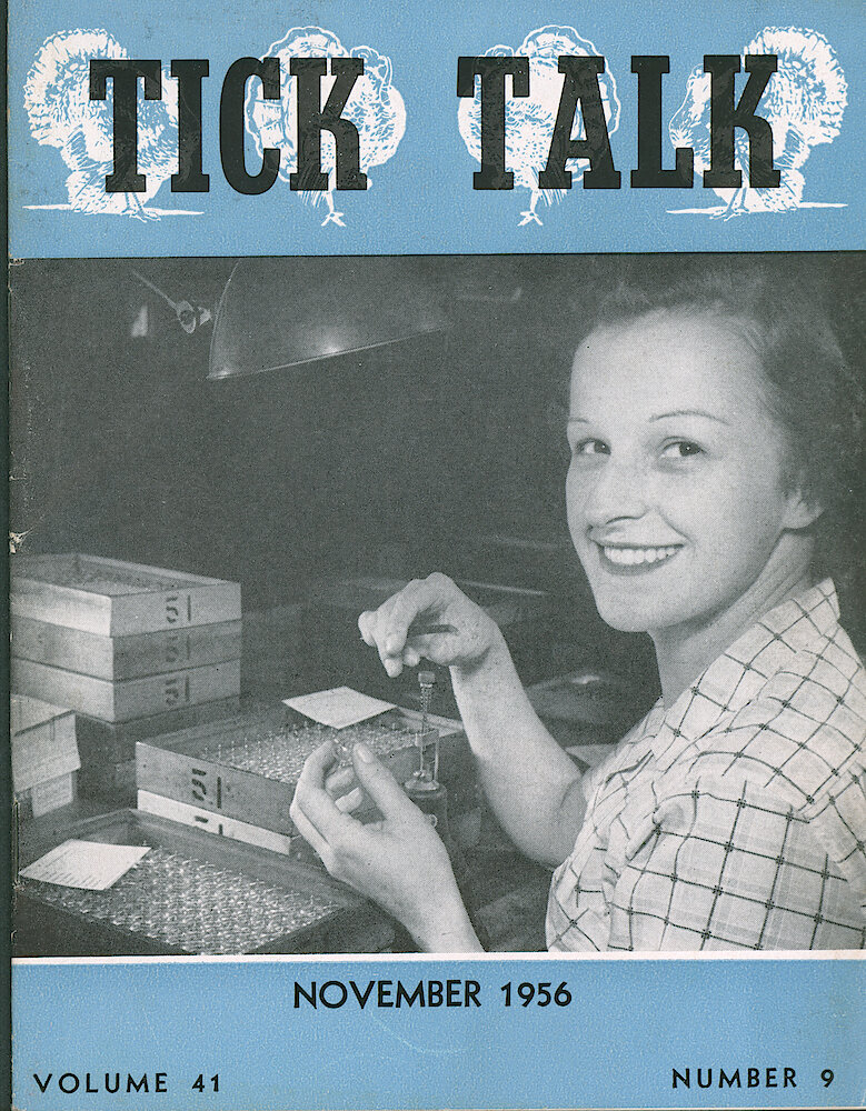 Westclox Tick Talk, November 1956, Vol. 41 No. 9 > F. Manufacturing: Lilian Karkoska Is Putting A Balance In Beat In The Vibrating Department (caption On Page 1).