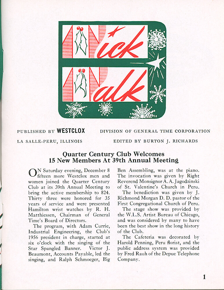 Westclox Tick Talk, December 1956, Vol. 41 Christmas Issue > 1