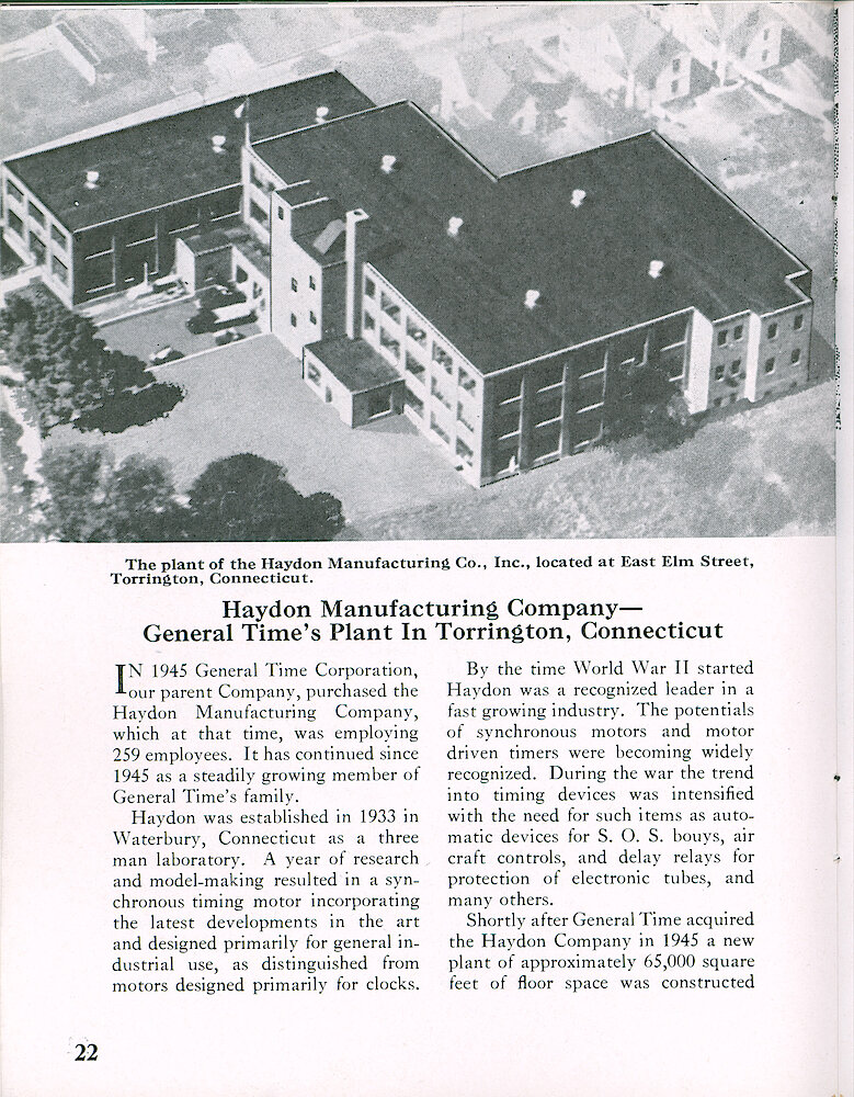 Westclox Tick Talk, December 1956, Vol. 41 Christmas Issue > 22. Factory: Corporate: "Haydon Manufacturing Company—General Time&039;s Plant In Torrington, Connecticut" History.