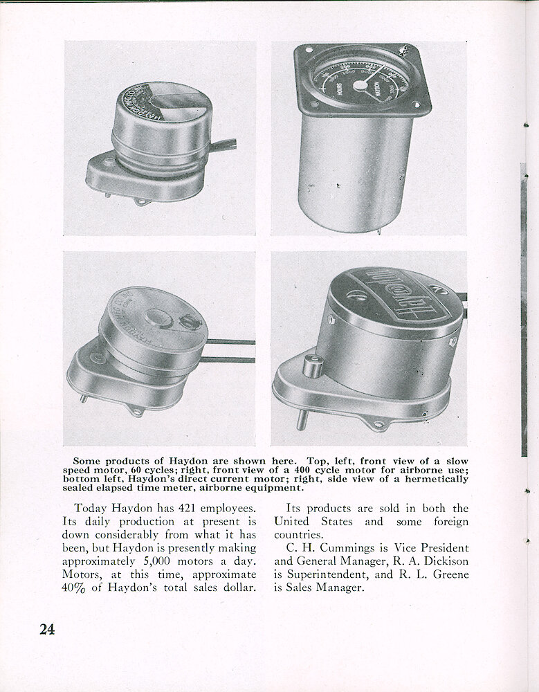 Westclox Tick Talk, December 1956, Vol. 41 Christmas Issue > 24. Factory: Corporate: "Haydon Manufacturing Company—General Time&039;s Plant In Torrington, Connecticut"  Pictures Of Motors: Top Left—slow Speed Motor, Right—400 Cycle Motor For Airborne Use, Bottom Left—direct Current Motor, Right—hermetically Sealed Elapsed ... 