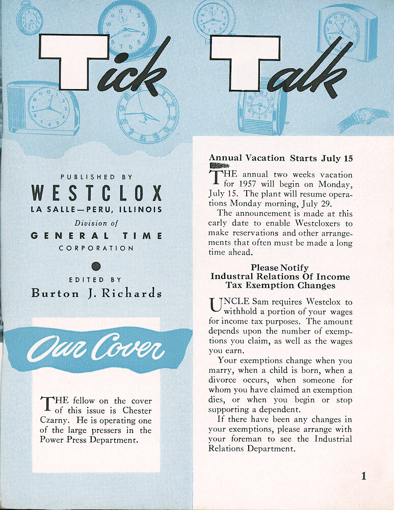 Westclox Tick Talk, January 1957, Vol. 42 No. 1 > 1. Cover Caption: Chester Czarny Operating One Of The Large Pressers In The Power Press Department.