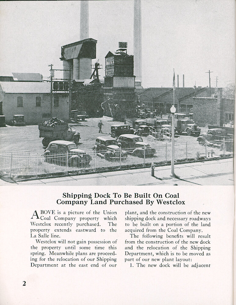 Westclox Tick Talk, January 1957, Vol. 42 No. 1 > 2. Factory: "Shipping Dock To Be Built On Coal Company Land Purchased By Westclox"