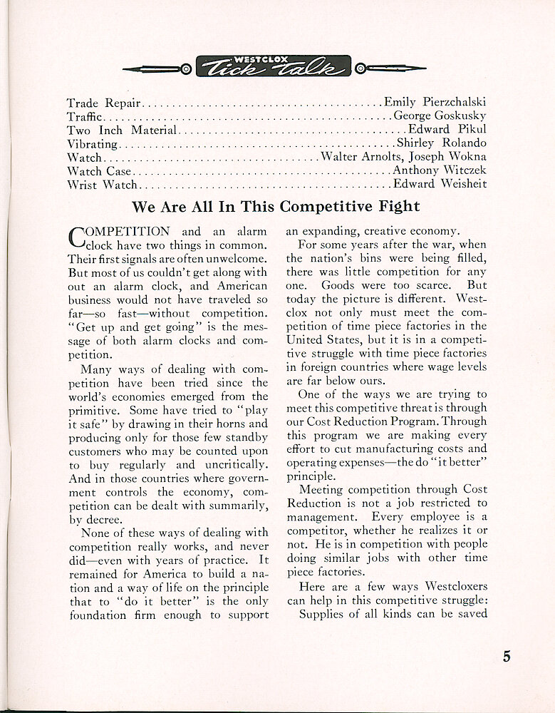 Westclox Tick Talk, January 1957, Vol. 42 No. 1 > 5. Corporate: Marketing: "We Are All In This Competitive Fight"