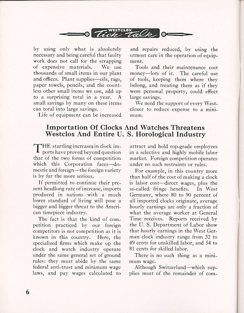 Westclox Tick Talk, January 1957, Vol. 42 No. 1 > 6. Corporate: Marketing: "We Are All In This Competitive Fight" "Importation Of Clocks And Watches Threatens Westclox And Entire U.S. Horological Industry"