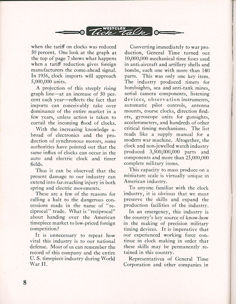 Westclox Tick Talk, January 1957, Vol. 42 No. 1 > 8. Corporate: Marketing: "Importation Of Clocks And Watches Threatens Westclox And Entire U.S. Horological Industry"