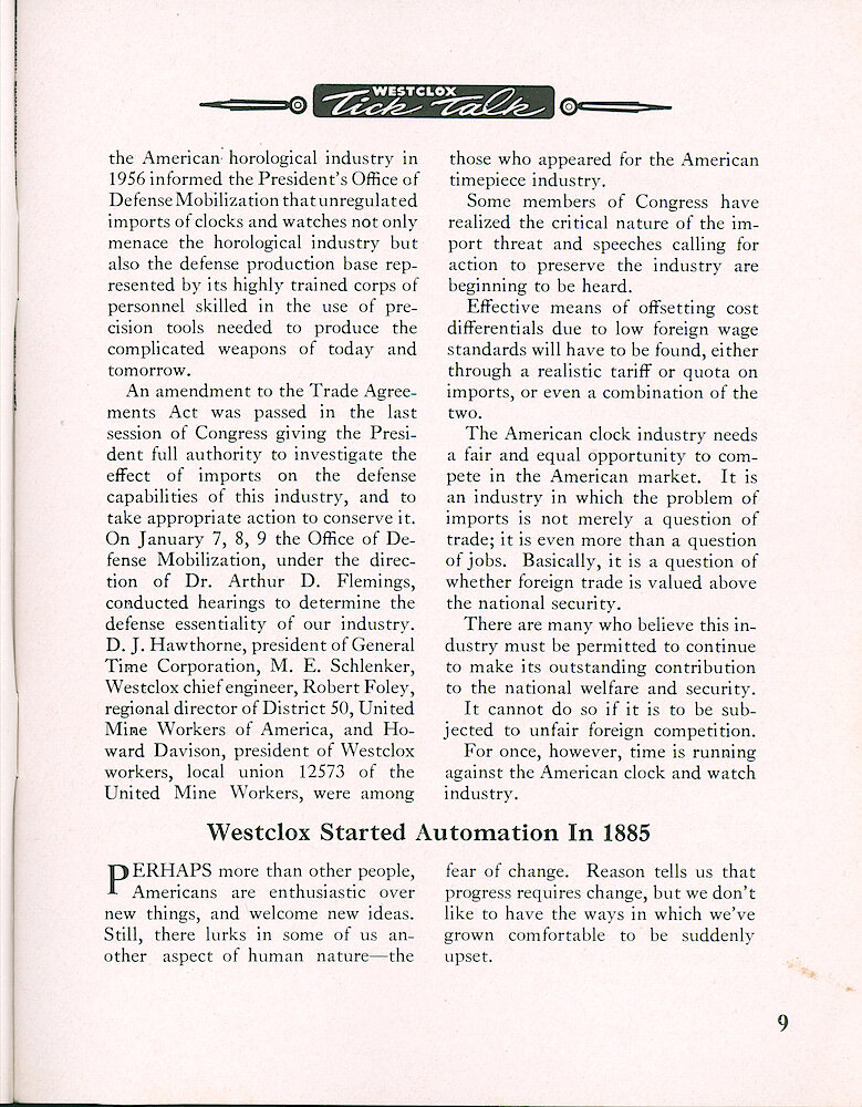 Westclox Tick Talk, January 1957, Vol. 42 No. 1 > 9. Corporate: Marketing: "Importation Of Clocks And Watches Threatens Westclox And Entire U.S. Horological Industry" "Westclox Started Automation In 1885"