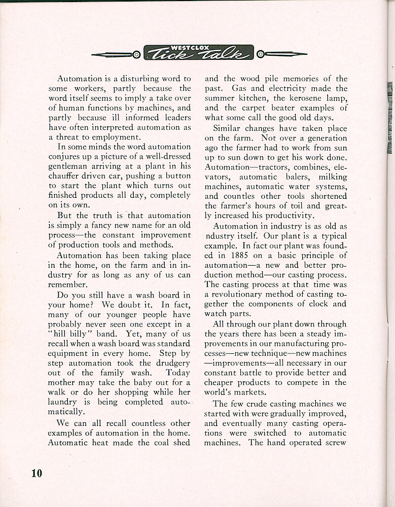 Westclox Tick Talk, January 1957, Vol. 42 No. 1 > 10. Corporate: Marketing: "Westclox Started Automation In 1885"