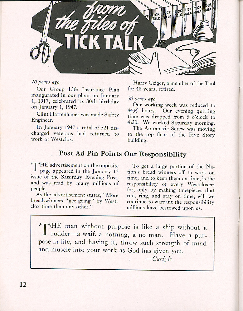 Westclox Tick Talk, January 1957, Vol. 42 No. 1 > 12. Marketing: Advertisement Caption: "Post Ad Pin Points Our Responsibility" Our January 12, 1957 Saturday Evening Post Ad Is On The Next Page.