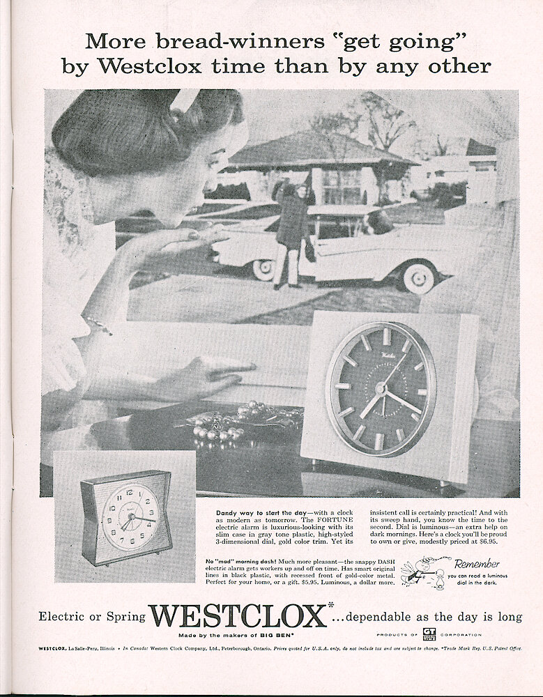 Westclox Tick Talk, January 1957, Vol. 42 No. 1 > 13. Advertisement: "More Bread-winners &039;get Going&039;  By Westclox Time Than By Any Other" Shows Fortune And Dash Electric Alarms. January 12, 1957 Saturday Evening Post.