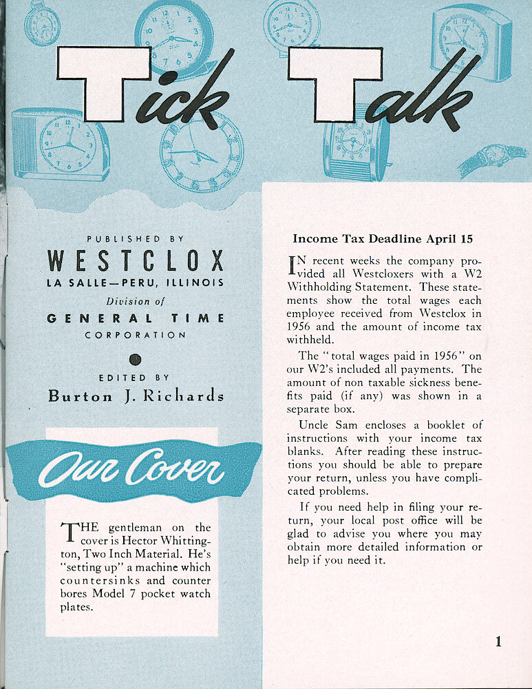 Westclox Tick Talk, February 1957, Vol. 42 No. 2 > 1. Cover Caption: Hector Whittington Of Two Inch Material Is Setting Up A Machine That Countersinks And Counter Bores Model 7 Pocket Watch Plates.