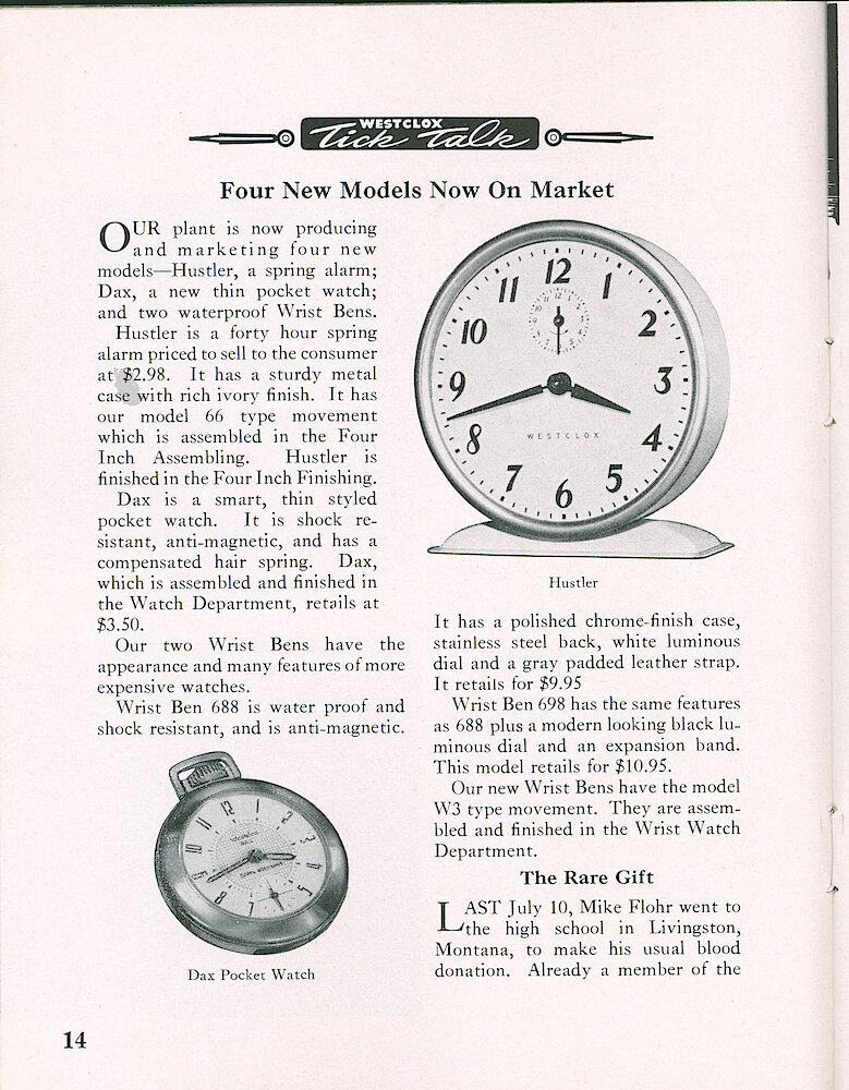 Westclox Tick Talk, February 1957, Vol. 42 No. 2 > 14. New Models: Dax Pocket Watch (Style 6), Hustler (Style 2) Windup Alarm Clock, Wrist Ben 688 And 698 (Style 4a).