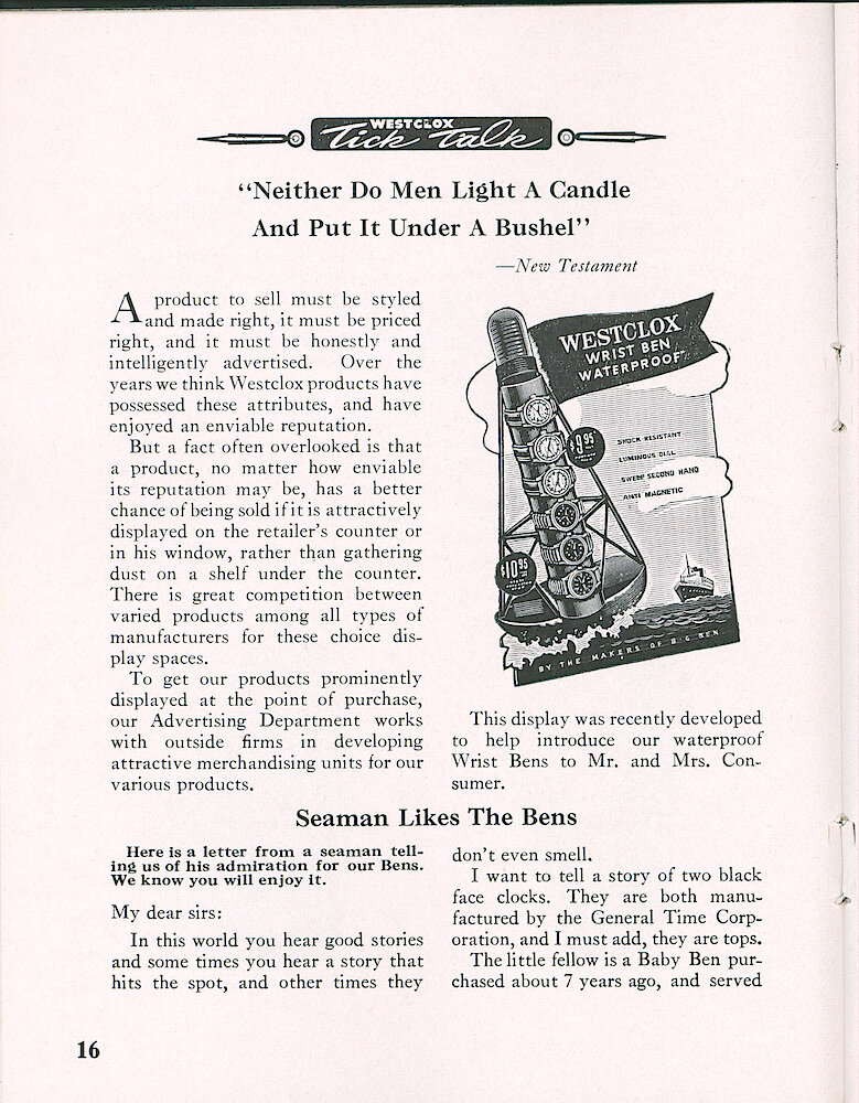 Westclox Tick Talk, February 1957, Vol. 42 No. 2 > 16. Marketing: New Sales Display Of Wrist Ben (Style 4a) Waterproof.