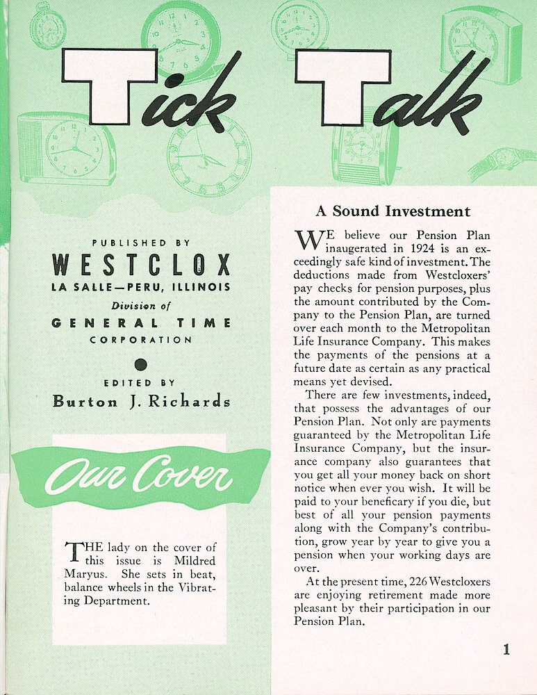 Westclox Tick Talk, March 1957, Vol. 42 No. 3 > 1. Cover Caption: Mildred Maryus Putting Balances In Beat In The Vibrating Department.