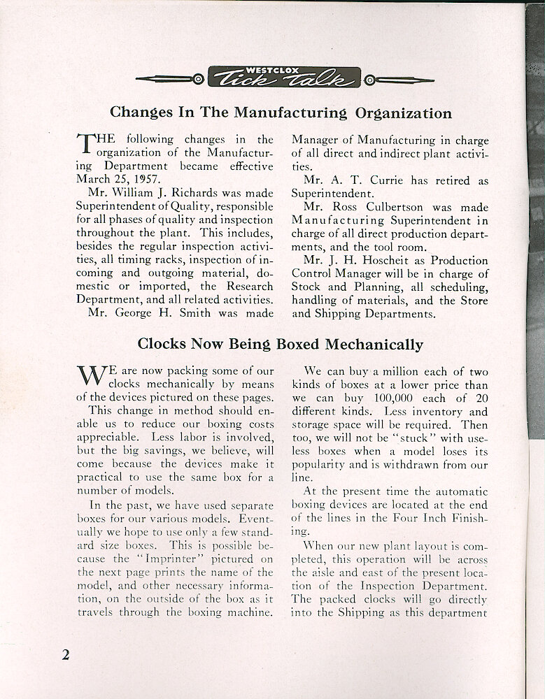 Westclox Tick Talk, March 1957, Vol. 42 No. 3 > 2. Manufacturing: "Clocks Now Being Boxed Mechanically"