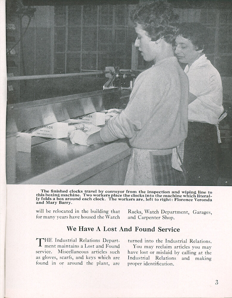 Westclox Tick Talk, March 1957, Vol. 42 No. 3 > 3. Manufacturing: "Clocks Now Being Boxed Mechanically"