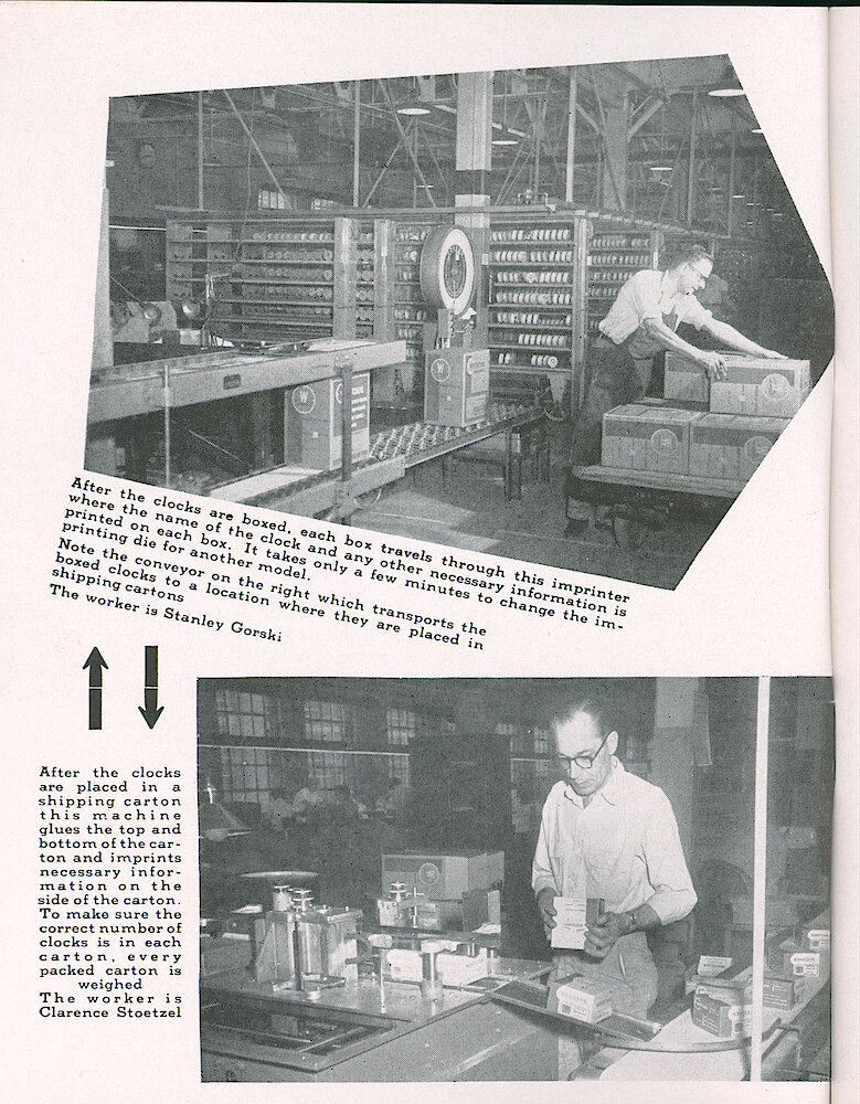 Westclox Tick Talk, March 1957, Vol. 42 No. 3 > 4. Manufacturing: "Clocks Now Being Boxed Mechanically"