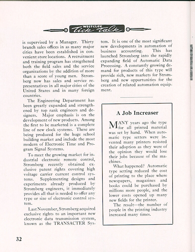 Westclox Tick Talk, March 1957, Vol. 42 No. 3 > 32. Corporate: "Stromberg Time Corporation Subsidiary Of General Time Corporation, Thomaston, Connecticut"