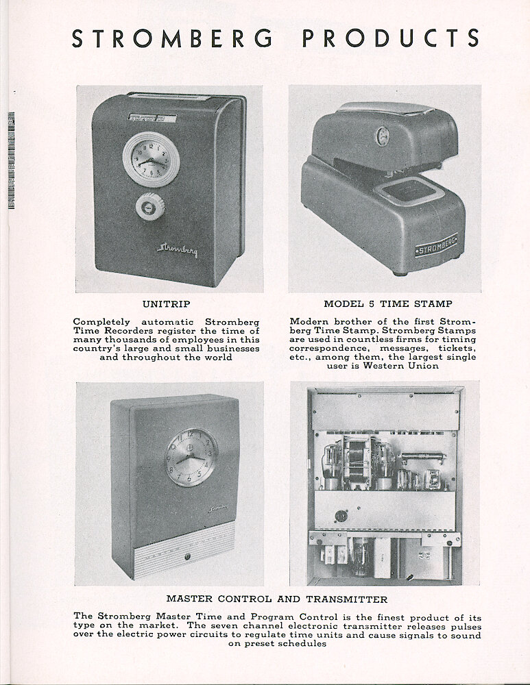 Westclox Tick Talk, March 1957, Vol. 42 No. 3 > 33. Corporate: "Stromberg Time Corporation Subsidiary Of General Time Corporation, Thomaston, Connecticut" Pictures Of Unitrip Time Recorder, Model 5 Time Stamp, And Master Control And Transmitter.