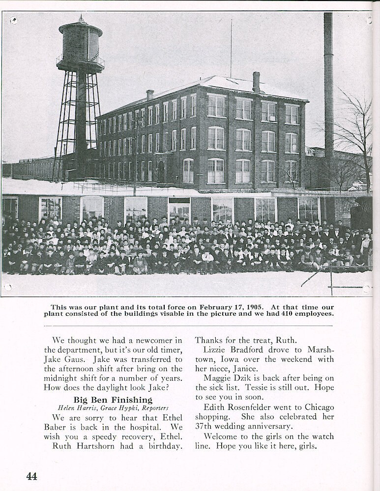 Westclox Tick Talk, March 1957, Vol. 42 No. 3 > 44. Historical Picture: Our Plant And Its Total Force On February 17, 1905. 410 Employees At That Time.