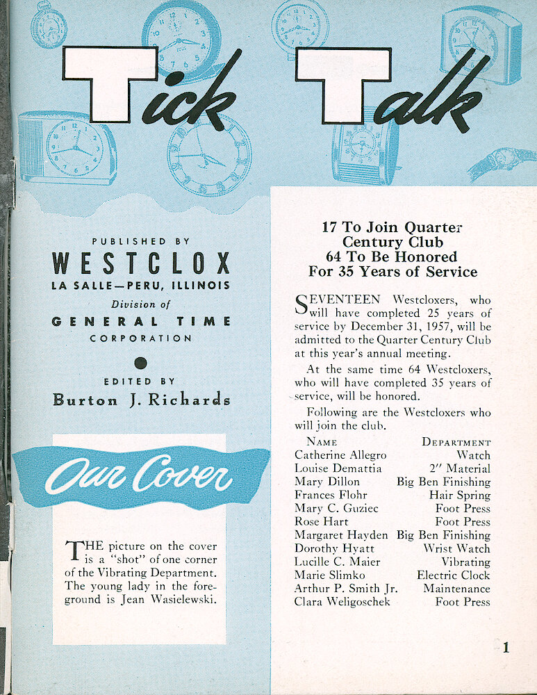 Westclox Tick Talk, August 1957, Vol. 42 No. 4 > 1. Cover Caption: Jean Wasielewski Working In The Vibrating Department.