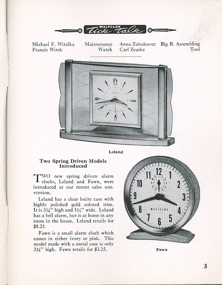 Westclox Tick Talk, August 1957, Vol. 42 No. 4 > 3. New Models: Leland, Square Dial In Clear Lucite Case, $8.25; Fawn (Style 1), Ivory Or Pink, $3.25.