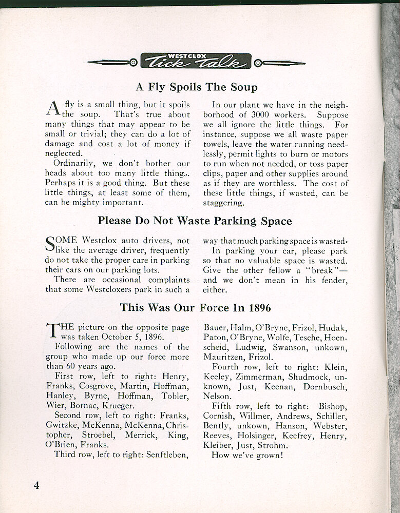 Westclox Tick Talk, August 1957, Vol. 42 No. 4 > 4. Historical Picture Caption: "This Was Our Force In 1896" Picture On Page 5.