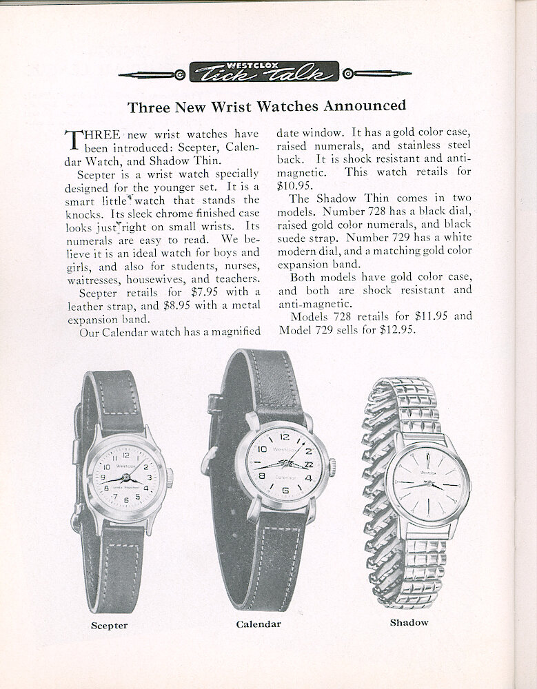 Westclox Tick Talk, August 1957, Vol. 42 No. 4 > 38. New Models: New Wrist Watches Scepter, Calendar Watch And Shadow Thin.