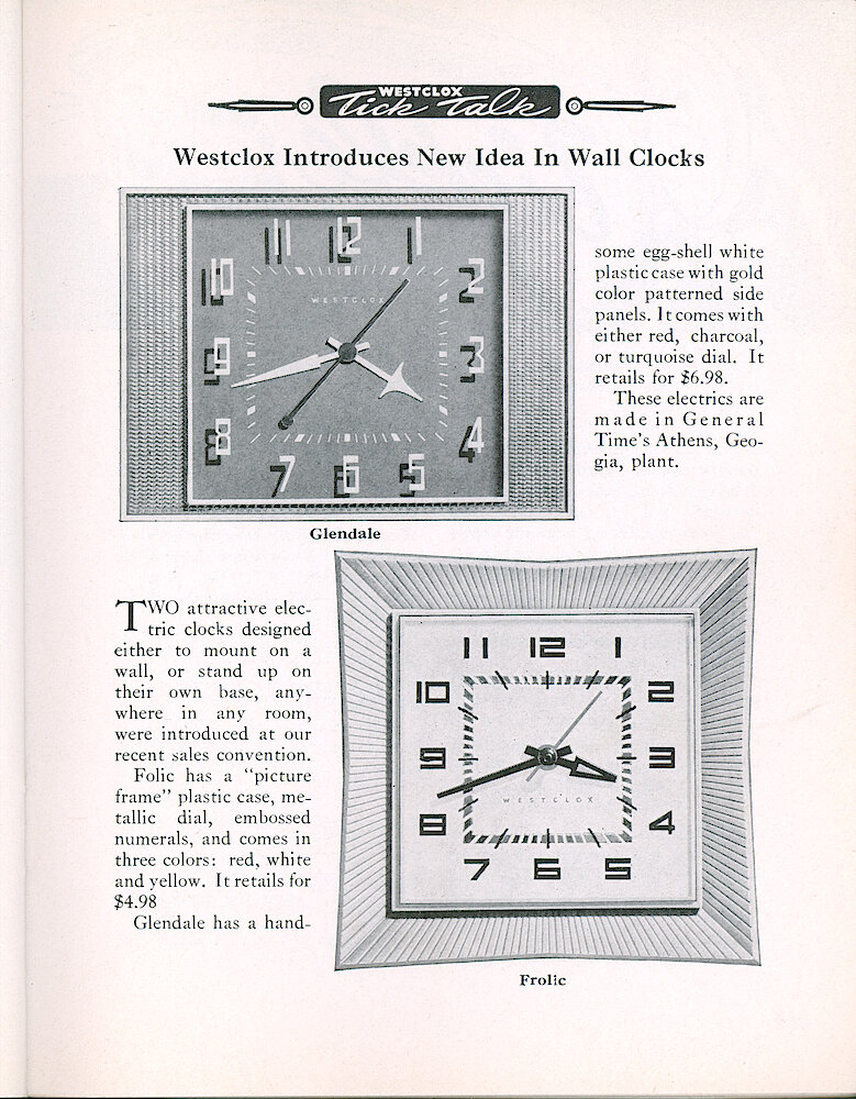 Westclox Tick Talk, August 1957, Vol. 42 No. 4 > 39. New Models: Electric Wall Clocks Glendale And Frolic.