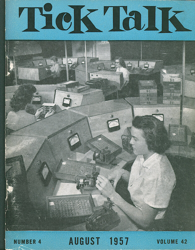 Westclox Tick Talk, August 1957, Vol. 42 No. 4 > F. Manufacturing: Jean Wasielewski Working In The Vibrating Department (caption On Page 1).