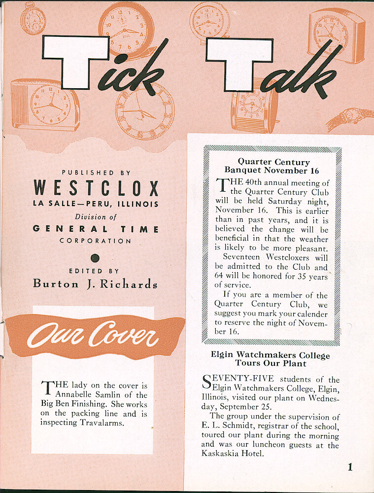 Westclox Tick Talk, September 1957, Vol. 42 No. 5 > 1. Cover Caption: Annabelle Samlin Of Big Ben Finishing Works On The Packing Line And Is Inspecting Travalarns.