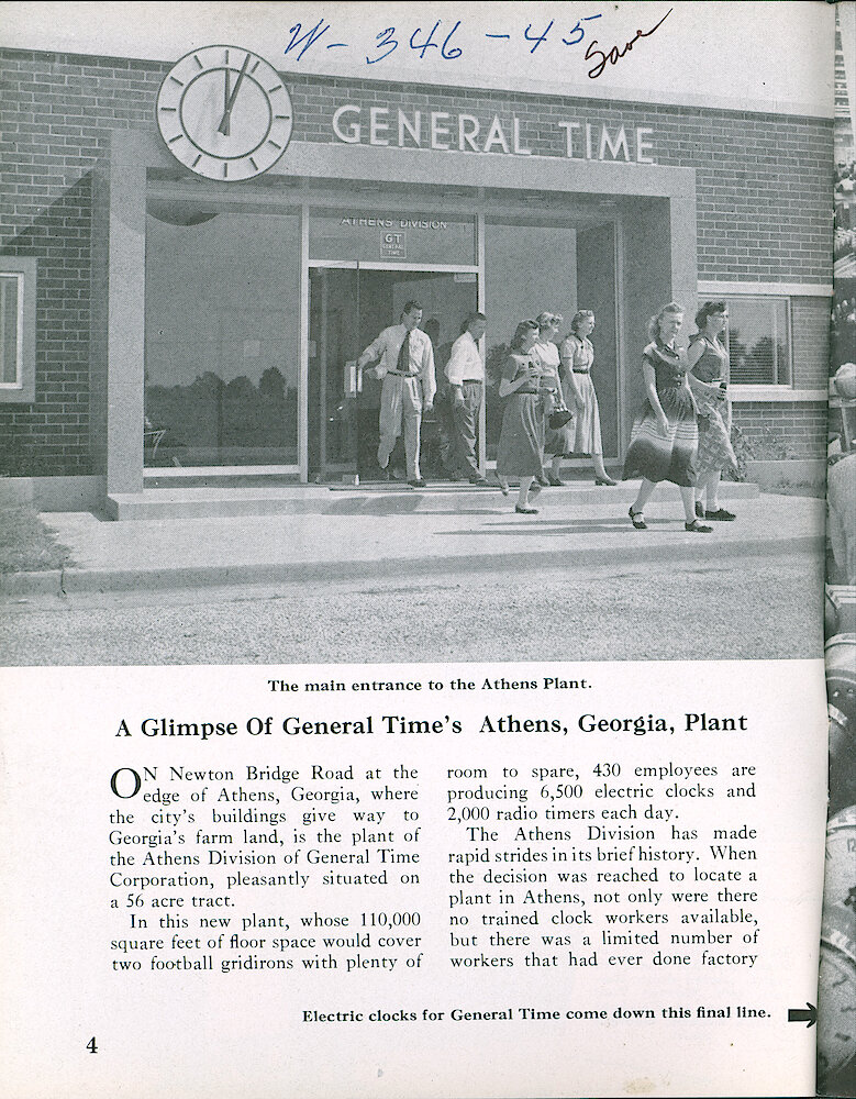 Westclox Tick Talk, September 1957, Vol. 42 No. 5 > 4. Corporate: Factory: "A Glimpse Of General Time&039;s Athens, Georgia Plant" Main Entrance.