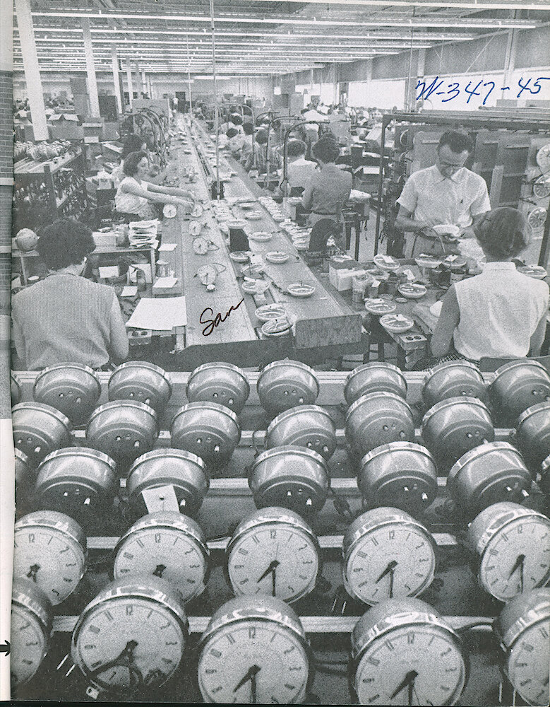 Westclox Tick Talk, September 1957, Vol. 42 No. 5 > 5. Corporate: Factory: "A Glimpse Of General Time&039;s Athens, Georgia Plant"  Big Ben Electrics And Other Electric Clocks On The Finishing Line.