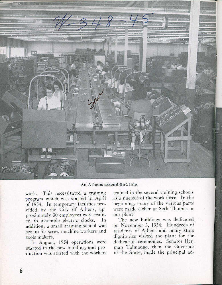 Westclox Tick Talk, September 1957, Vol. 42 No. 5 > 6. Corporate: Factory: "A Glimpse Of General Time&039;s Athens, Georgia Plant"  An Athens Assembly Line.