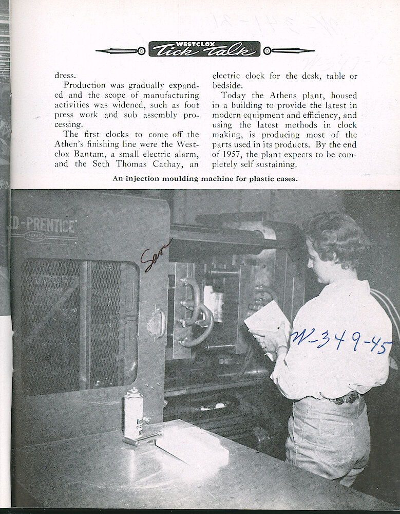 Westclox Tick Talk, September 1957, Vol. 42 No. 5 > 7. Corporate: Factory: "A Glimpse Of General Time&039;s Athens, Georgia Plant"  An Injection Moulding Machine For Plastic Cases.