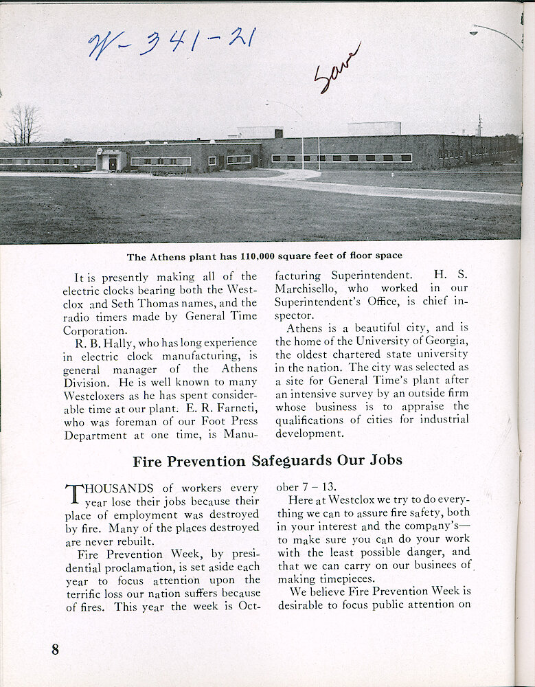 Westclox Tick Talk, September 1957, Vol. 42 No. 5 > 8. Corporate: Factory: "A Glimpse Of General Time&039;s Athens, Georgia Plant" The Athens Plant Has 110,000 Square Feet Of Floor Space.