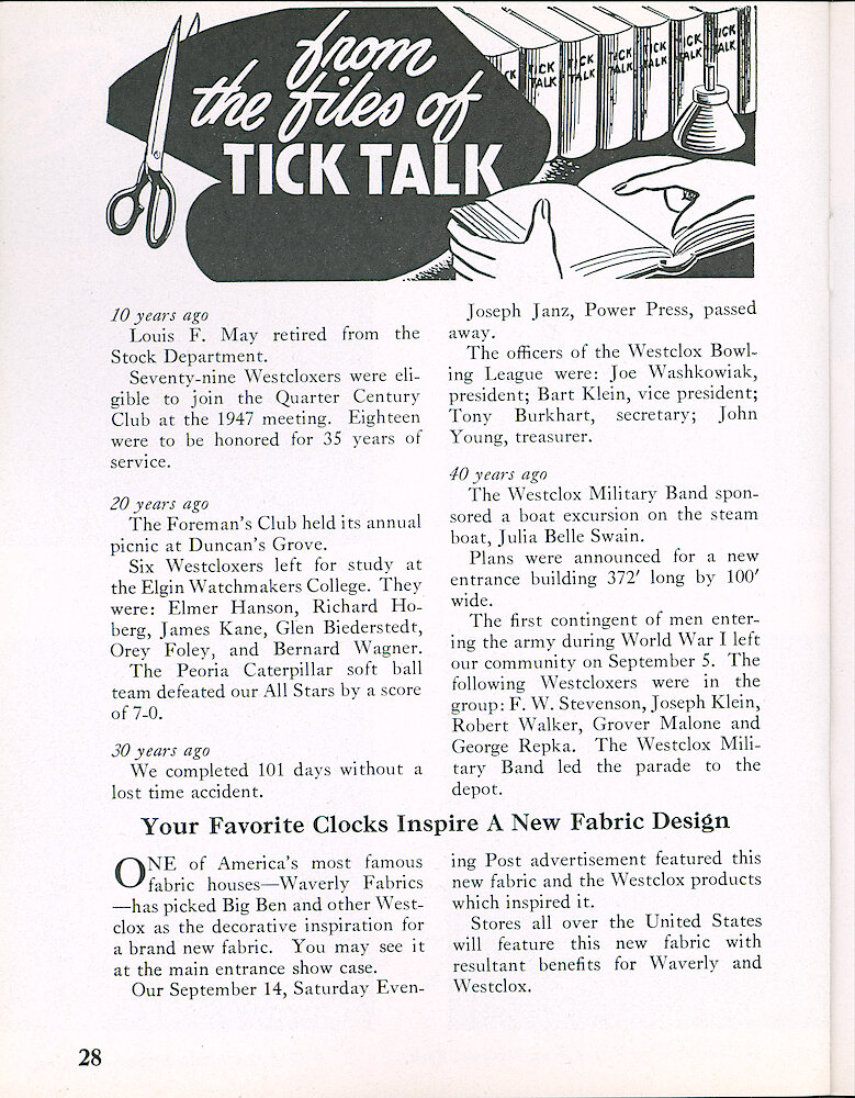 Westclox Tick Talk, September 1957, Vol. 42 No. 5 > 28. Marketing: Advertisement Caption: "Your Favorite Clocks Inspire A New Fabric Design" By Waverly Fabrics. Our September 14, 1957 Saturday Evening Post (shown On Next Page) Features This Fabric And The Clocks Which Inspired It.