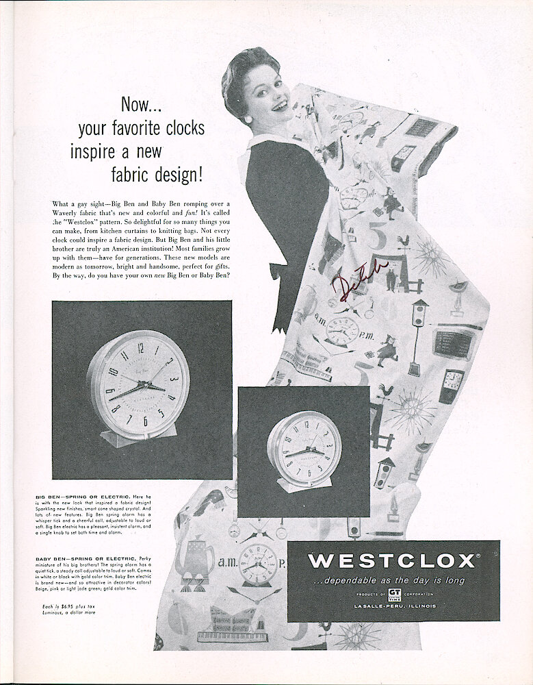 Westclox Tick Talk, September 1957, Vol. 42 No. 5 > 29. Advertisement: "Now . . . Your Favorite Clocks Inspire A New Fabric Design" Shows Big Ben And Baby Ben. September 14, 1957 Saturday Evening Post.